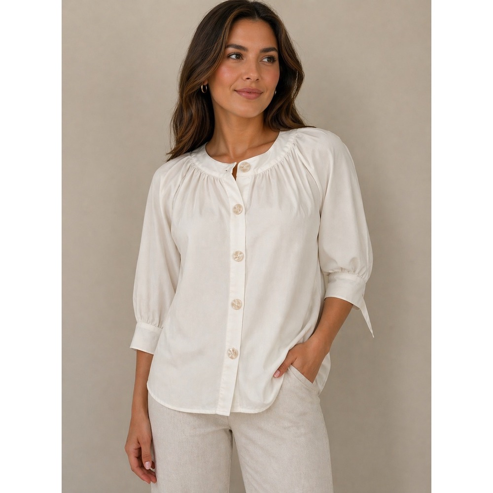 Antonio Melani Cream Button Front Blouse‎ Tie Cuff Sleeve Top Size M